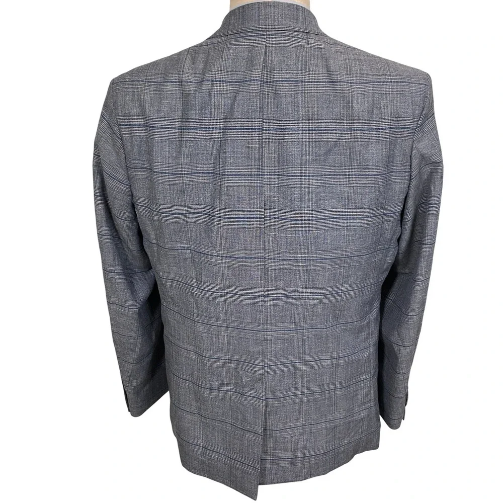 Hart Schaffner Marx Blazer Mens Large Blue Glen Plaid Surgeon Cuffs Linen Jacket